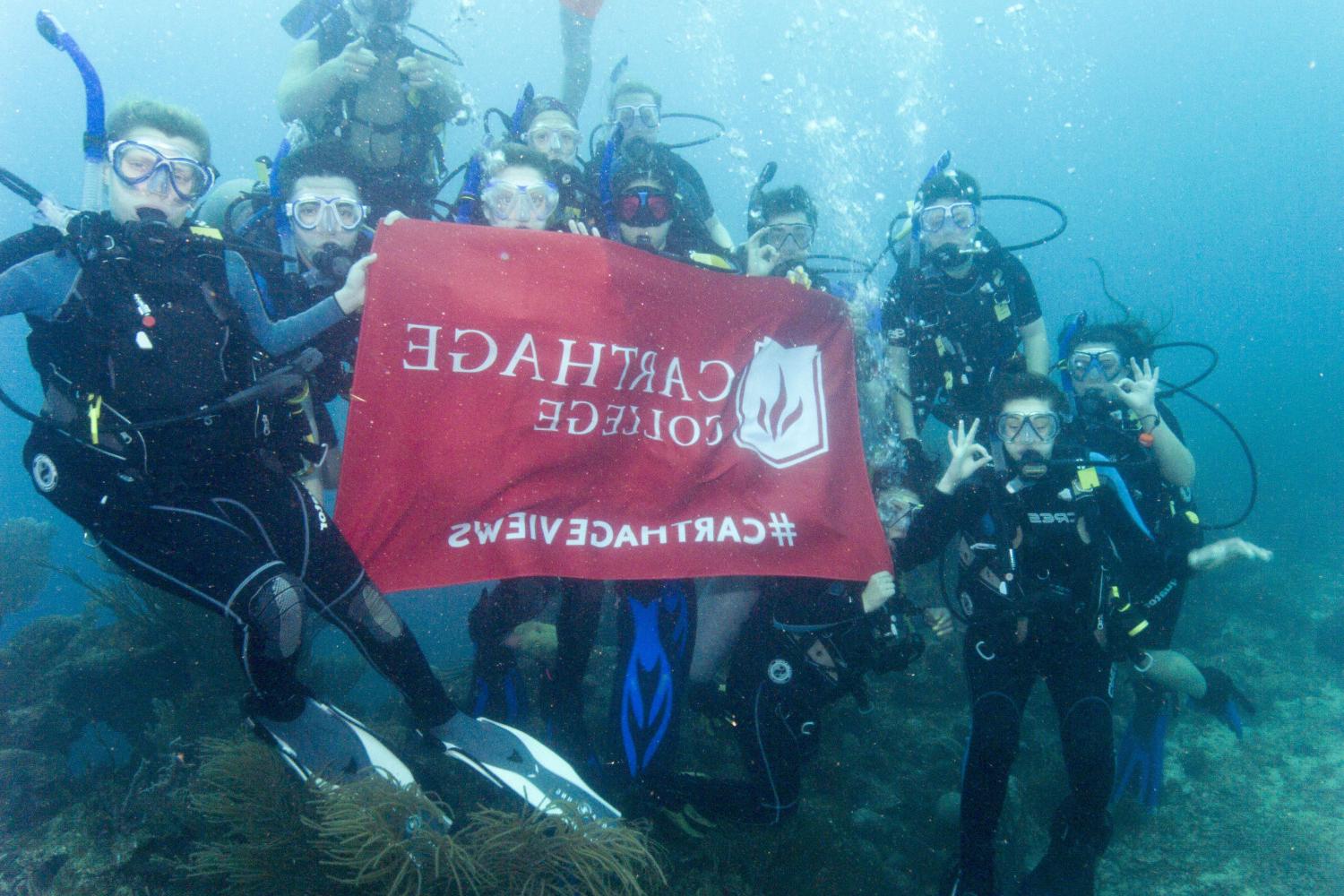 学生们手持<a href='http://hexun.eaq.ngskmc-eis.net'>bv伟德ios下载</a>旗帜，在j学期洪都拉斯游学之旅中潜水.